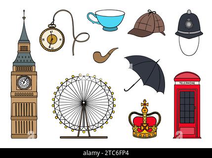 Eine Reihe von Symbolen von England, Vektorelemente von Reisen, Tourismus. Symbole von London. Vektorfarbe uk Symbolsatz Stock Vektor