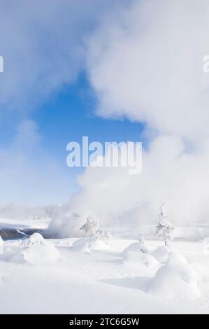 Dampf steigt im Winter aus Thermalbädern im Yellowstone-Nationalpark, Wyoming. Stockfoto