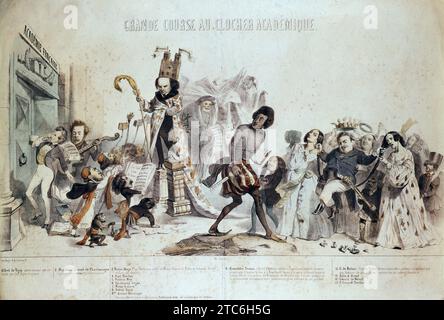 Der große akademische Wettbewerb - "La grande course au clocher academique" Karikatur über die Academie francaise von Jean Ignace Isidore Grandville (1803 - 1847): Von links nach rechts: Alfred de Vigny, Napoleon Crevel de Charlemagne, Victor Hugo, Paul Fouches, Francis Wey, Ferdinand Dugue , Victor Leroux, Petrus Borel, Arsene Houssaye, Alexandre Dumas fils, Honore de Balzac, Jules A. Stockfoto