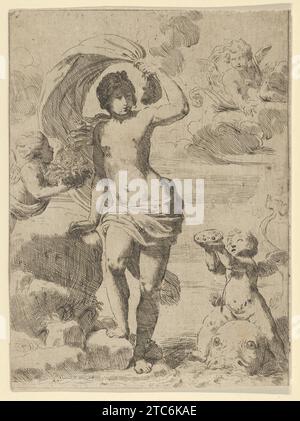 Venus, die aus dem Meer steigt, hält einen wehenden Vorhang in der linken Hand, Cupid rechts opferte Perlen während sie auf einem Delfin reitete und einen Putto links opferte Blumen, eine weitere in den Wolken 1926 von Guido Reni Stockfoto