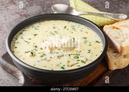 Rumänische Hühnersuppe Ciorba Radauteana mit Gemüse und Sauerrahm auf dem Teller auf dem Tisch. Horizontal Stockfoto