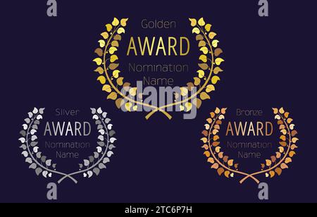 Prämienset. Vorlage für Fördermittel. Goldene, silberne und bronzene Auszeichnungen. Runde Zweige mit Beeren und Blättern. Preispokal-Design. Isoliertes Diagramm Stock Vektor