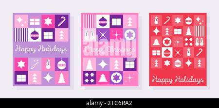 Happy Holidays and Merry Christmas - drei Weihnachtskarten im Set. Modernes Weihnachtsgrüßdesign in Rot, Pink und Lila. Stock Vektor