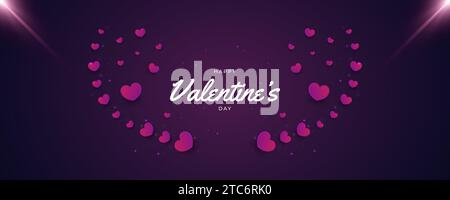 Valentinstag-Banner mit lila Herzen und leuchtenden Lichtern. Happy Valentine's Day Typografie für Postkarte, Karte und Einladung Stock Vektor