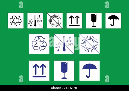 Verpackungsschild, Versandsymbole, trocken halten, mit der Seite nach oben, Wiederverwenden des Schilds Symbol Vektor. Stock Vektor