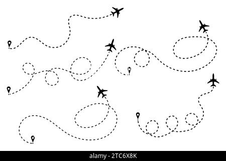 Flugzeuglinie Pfad Symbol, Flugzeug gestrichelte Linie Weg, Flugzeugweg zur Position, Flugtourismus Route Pfad Vektor. Stock Vektor