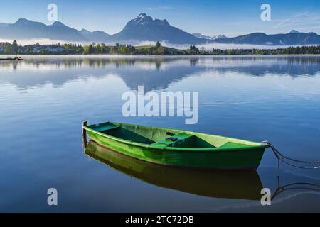 Grünes Ruderboot, Hopfensee, Hopfen am See, bei Füssen, Ostallgäu, Allgäu, Bayern, Deutschland, Europa Stockfoto