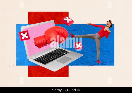 Horizontale kreative Foto-Collage der jungen sportlichen Frau weiblichen Trainingsuhr Match tun Übung gegen Hass Mobbing Box Handschuh vom Computer Stockfoto