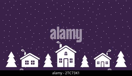 Abstrakte weihnachtsbäume und Haus im verschneiten Wald. Winterlandschaft. Vektorabbildung. Stock Vektor