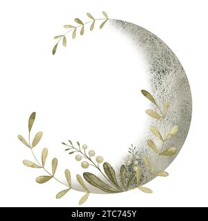 Botanischer Mond auf isoliertem Hintergrund. Aquarellillustration von Luna mit Blättern. Handgezeichneter Himmelskranz. Zeichnung des runden Rahmenrahmens mit Platz für Text. Skizze der Mondphase. Stockfoto
