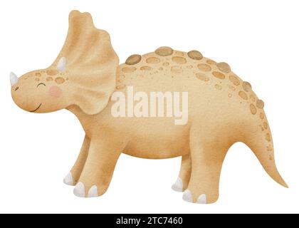 Dinosaurier Triceratops Aquarellillustration. Handgezeichneter Clip-Art von niedlichem Dino auf isoliertem Hintergrund. Zeichnung einer Baby-Zeichentrickfigur. Spielzeug Tier Sketch für Kinder Boho Kleidung Prints. Stockfoto