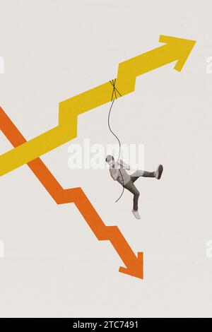 Collage-Bild-Artwork des flippigen ängstlichen Mannes, der Luft schweben lässt und eine Schnur isoliert auf zeichnendem Hintergrund hält Stockfoto