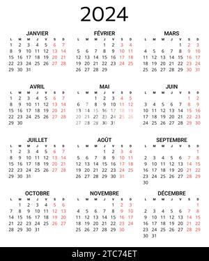 französischer Kalender 2024. Druckbare, editierbare Vektorillustration für Frankreich. 12 Monate Jahreskalender. Hochformat Stock Vektor