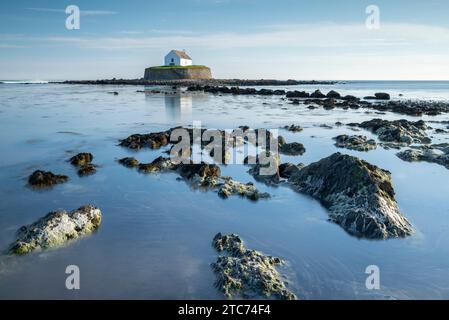 St Cwyfan's Church auf einer Gezeiteninsel in St Cwyfan's Bay, Anglesey, Wales, Vereinigtes Königreich. Frühjahr (Mai) 2019. Stockfoto