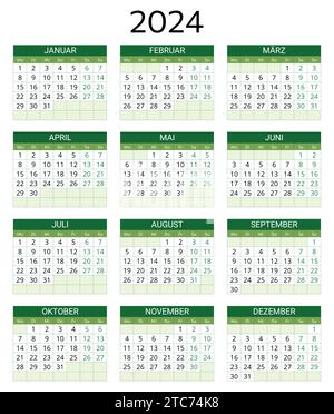 deutscher Kalender 2024. Druckbare, editierbare Vektorillustration für Deutschland. 12 Monate Jahreskalender. Querformat Stock Vektor