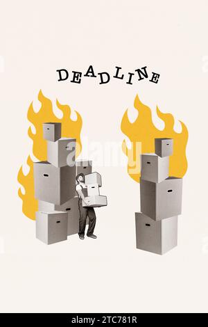 Collage 3D-Bild von Pin-up Pop Retro-Skizze von Mitarbeiter Kurier Carry Paketboxen Deadline seltsame Freak bizarr ungewöhnliche Fantasy-Plakatwand Stockfoto