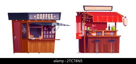 Set von Street Food und Getränkeständen isoliert auf weißem Hintergrund. Vektor-Karikaturillustration des Coffee-Shops mit Pappbecher und Zuckerstäbchen nahe Wind Stock Vektor