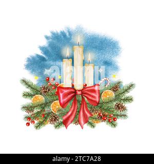 Aquarellillustration Weihnachtskomposition mit Kerzen und Weihnachtsbaum. Stockfoto