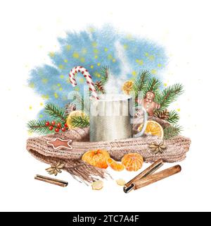 Aquarellillustration Weihnachtskomposition mit Tasse, Schal, Weihnachtsbaum, Mandarinen, Zimt, Anis, Lebkuchen. Handgezeichnet, Weihnachtskarte. Stockfoto