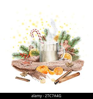 Aquarellillustration Weihnachtskomposition mit Tasse, Schal, Weihnachtsbaum, Mandarinen, Zimt, Anis, Lebkuchen. Handgezeichnet, Weihnachtskarte. Stockfoto