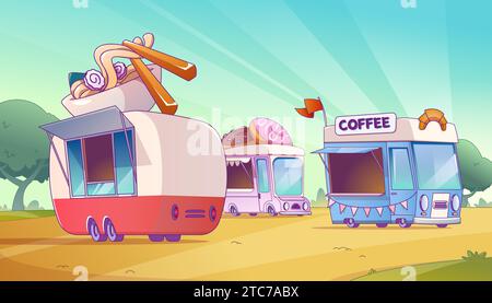 Food Truck im Stadtpark. Cartoon-Vektor-Sommerlandschaft mit Autos, die Mahlzeiten und Getränke verkaufen. Cafe mit Udon-Nudeln, süßen Donuts und frischem Kaffee Stock Vektor