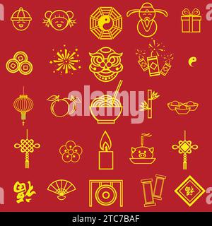 Chinesische traditionelle Ornamente, Dekorationen des Mondjahres, Blumen, Laternen, Wolken, Elemente und Ikonen. Symbol für chinesisches Neujahrssymbol Stock Vektor