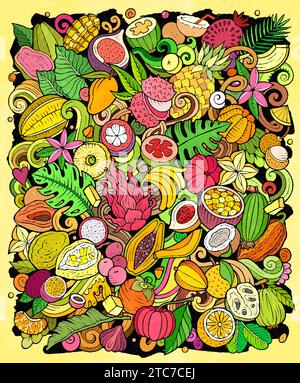 Exotische Früchte Karikaturvektorkritzelillustration. Tropische Lebensmittelelemente und Objekte Hintergrund. Leuchtende Farben lustiges Bild. Alle Elemente sind getrennt Stock Vektor