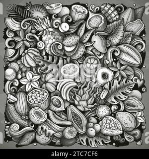 Exotische Früchte Cartoon Vektor Kritzelillustration. Tropische Lebensmittel Elemente und Objekte Hintergrund. Einfarbiges, lustiges Bild. Alle Elemente werden getrennt Stock Vektor