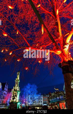 Weihnachtsmarkt Heinzels Wintermaerchen am Alten Markt in der Altstadt, beleuchteter Baum mit Herzen, Jan von Werth Brunnen, Köln, GE Stockfoto