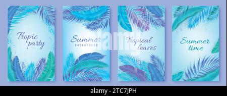 Sommer Hintergrund. Tropisches Partydesign, Palmenbananenblätter für Spa-Flyer, blaue lila Dschungelblumenkarte. Vorlage für vertikale Banner. Partybegrüßung und Stock Vektor
