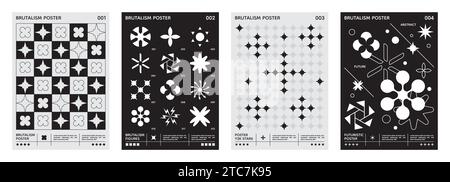 Schwarzweiße Poster des Brutalismus. Wandbild Y2K Abstraktes Musterdesign, Form- und Sternfiguren, Ornamente. Verschiedene Figuren, geometrische Blumen Stock Vektor