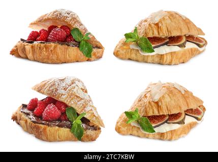 Köstliche Croissants mit verschiedenen Füllungen isoliert auf weiß, Set Stockfoto