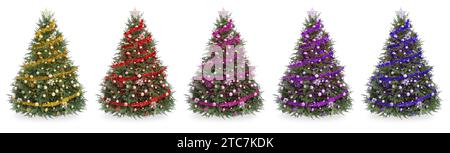 Weihnachtsbäume, dekoriert in verschiedenen Farben isoliert auf weiß, Sammlung Stockfoto