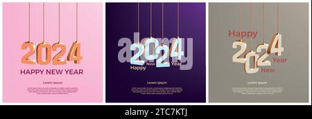 2024 Karten. Happy New Year Hintergrund, Grußbanner oder Kalenderposter für Party. Glückwunschbeitrag zu Social Media Square. 3D-Zahlen, Kopierraum f Stock Vektor