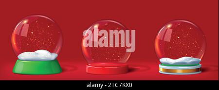 Schneebälle. 3D-Glaskugel. Frohe Weihnachten und Neujahrsdekoration. Weihnachten Winter. Kristallschneekugel. Leere klare Kugeln mit Schneeflocken. Feiertagszele Stock Vektor