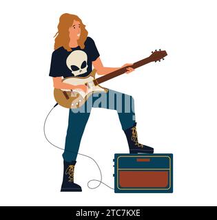 Rockkonzert. Zeichentrickmusiker mit elektrischer Gitarre. Metal-Band, die Live-Musik auf der Bühne spielt. Jugendmusikfestival. Wippleistung. Gitarrist sh Stock Vektor