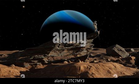 Astronaut auf außerirdischem Planeten, roter Planet Mars. Weltraumforschung, Marskolonie, Wissenschaft, Sonnensystem. Felsige Landschaft. 3D-Rendering Stockfoto