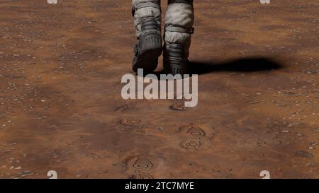 Kosmonaut sticht Fußabdrücke im Sand des Planeten Mars. Astronaut erforscht den Planeten, reist durch das Sonnensystem, die Marskolonie. 3D-Rendering Stockfoto