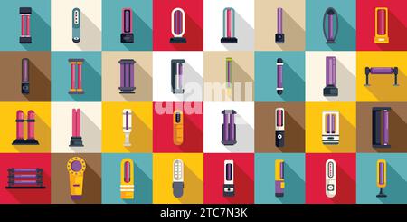 Ultraviolet portable sterilizer icons set flat vector. Bacterium bulb. Lamp uv light Stock Vektor