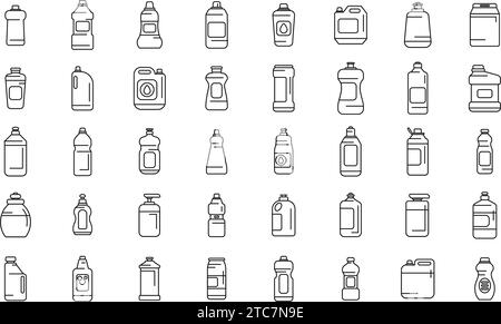 Symbole für Geschirrspüler setzen den Konturvektor. Tabs Werbung sauber. Flasche aus flüssigem Kunststoff Stock Vektor