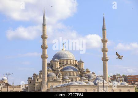 Die neue Moschee, auch bekannt als Yeni Cami, dominiert die Skyline von Istanbul im Bezirk Eminonu. Das Gebäude wurde 1665 fertiggestellt und verfügt über ein großes Zentrum Stockfoto