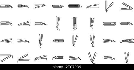 Symbole für Haarglätter legen den Konturvektor fest. Friseursalon mit Bügeleisen. Pflege Friseurkeramik Stock Vektor
