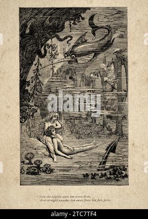 Meerjungfrau unter dem Meer, mit einem ertrunkenen Seemann, Vintage Illustration aus einem Gedicht von Thomas Hood, bald steigt sie auf ihrem Meeresboden auf und gerade uny Stockfoto