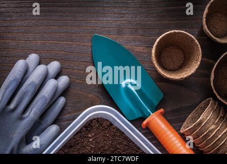 Handspatgummi Handschuhe Gartenarbeit Tablett mit Boden und Torfgläser auf braunem hölzernem Hintergrund Landwirtschaft Konzept Stockfoto