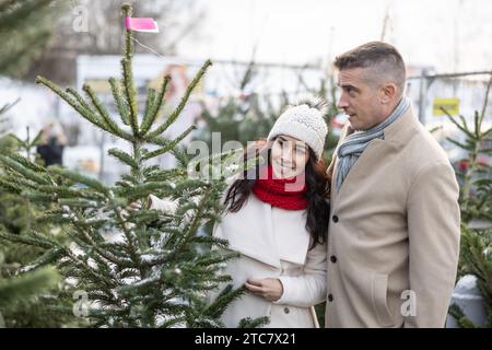 Ein glückliches Paar kauft auf dem Markt einen Weihnachtsbaum, importiert aus den nordischen Ländern. Ein Paar, das einen Baum auf einer Weihnachtsbaumfarm auswählt. Stockfoto
