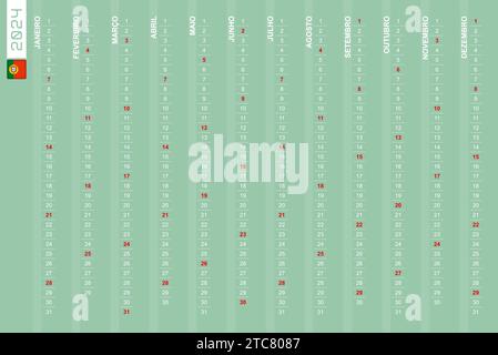 Einzeiliger vertikaler Kalender für das Jahr 2024 auf Portugiesisch. Portugiesischer Kalender für 2024 mit hervorgehobenen Sonntagen. Vektorabbildung. Stock Vektor