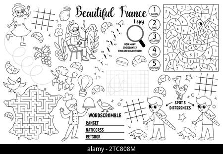 Vector France Tischset für Kinder. Französische, druckbare Aktivitätsmatte mit Labyrinth, Tic Tac Zehenkarte, verbinde die Punkte, finde den Unterschied. Schwarz-weiß-Spiel m Stock Vektor