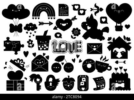 Vector Saint Valentine Silhouette Set. Traditionelles schwarzes und weißes Clipart mit Love-Thema. Schattenkollektion mit Einhorn, Herzen, Blumen, Regenbogen, Kuchen Stock Vektor