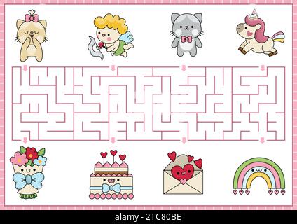 St. Valentine Labyrinth für Kinder. Ich liebe die druckbaren Aktivitäten im Vorschulalter mit Kawaii-Charakteren. Labyrinth-Spiel oder Puzzle mit niedlichem Cupid, Katzen, Unico Stock Vektor