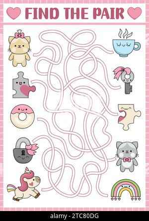 St. Valentine Labyrinth für Kinder. Ich liebe die druckbaren Aktivitäten im Vorschulalter mit Kawaii-Paaren. Labyrinth-Spiel oder Puzzle mit niedlichen Katzen, Puzzle-Puzzles, c Stock Vektor
